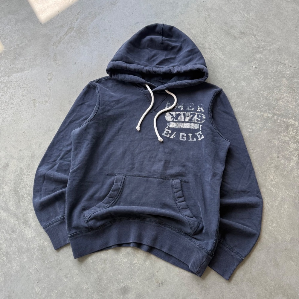American Eagle Mens Navy Blue Distressed Graphic Pullover Hoodie Sweatshirt S